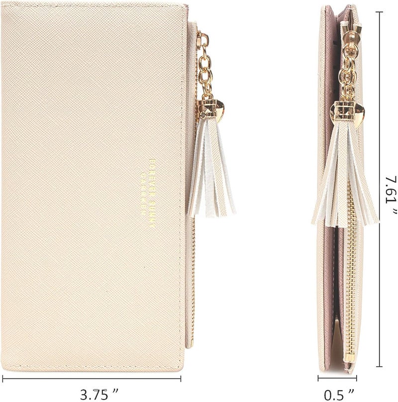 KOTORA Womens Slim Wallet Girls Thin Wallets Pretty Mini Long Card Holder Small Tiny Clutch Zip Purse Love Pendant Tassels Billfold (Beige) - Image 3